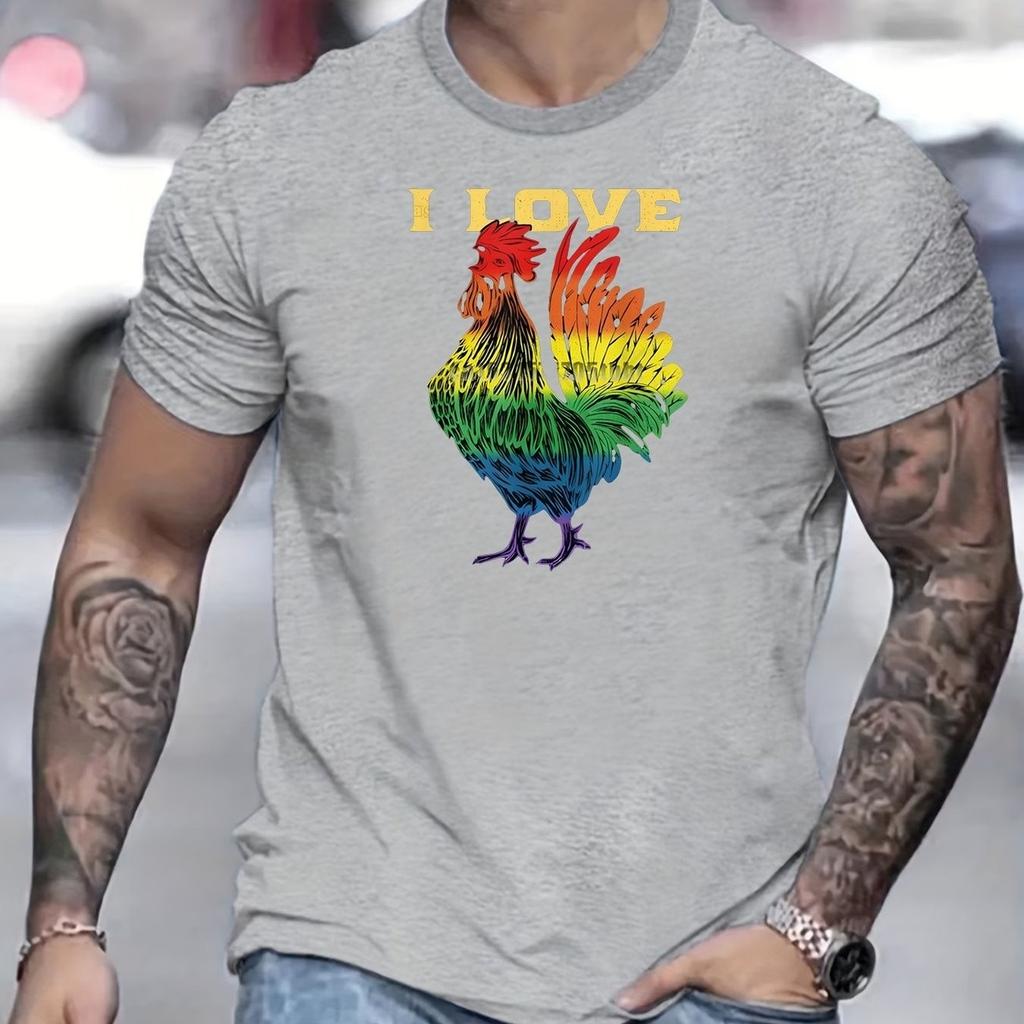 Rainbow Rooster Pride Graphic Tee Men Summer Casual Loose Fit Cotton Crewneck Tshirt