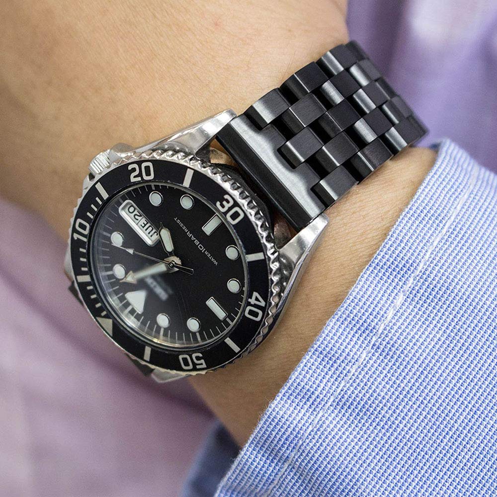 Kai Tian Stainless Steel Watch Band, 24mm, Black, Replacement Strap for Men's Watches