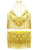 Women Shiny Sequins Tassels Carnival Rave Performance Belly Dance Costume Halter Bra Tops with Hip Scarf Wrap Skirt Set