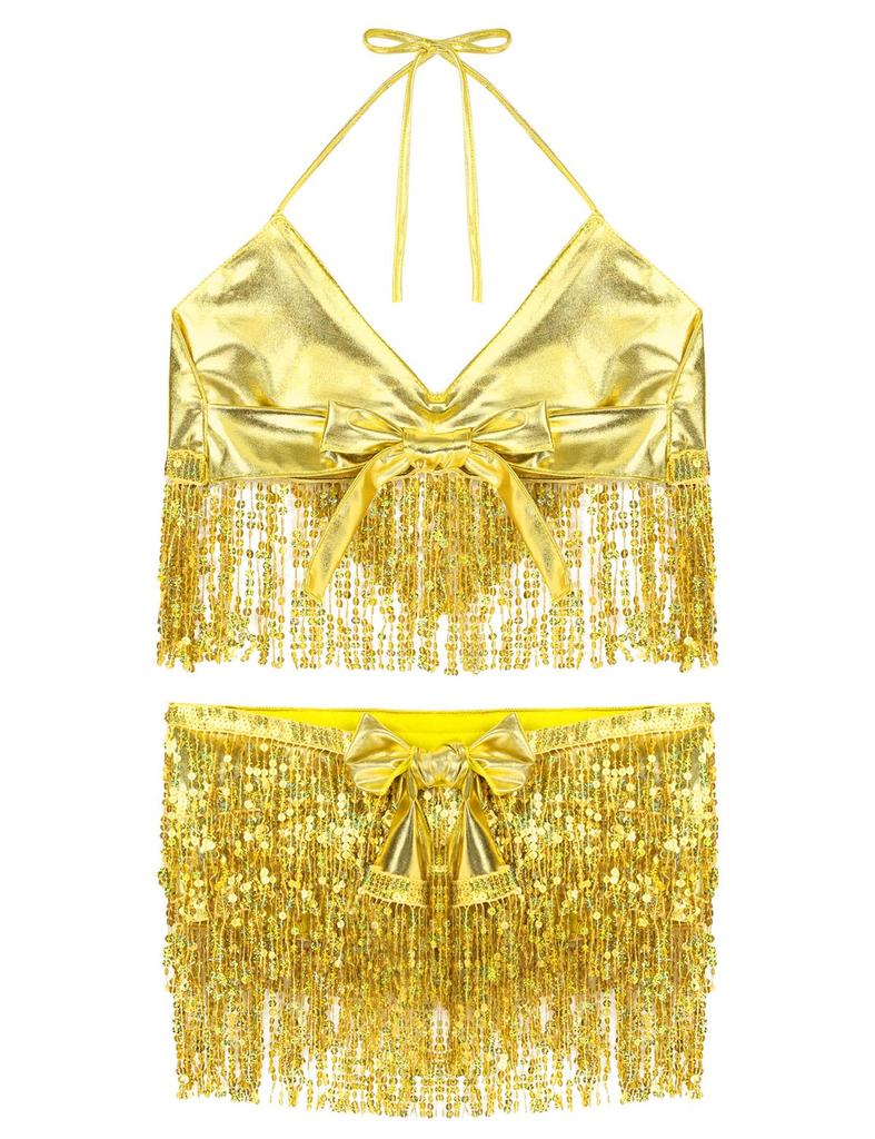 Women Shiny Sequins Tassels Carnival Rave Performance Belly Dance Costume Halter Bra Tops with Hip Scarf Wrap Skirt Set