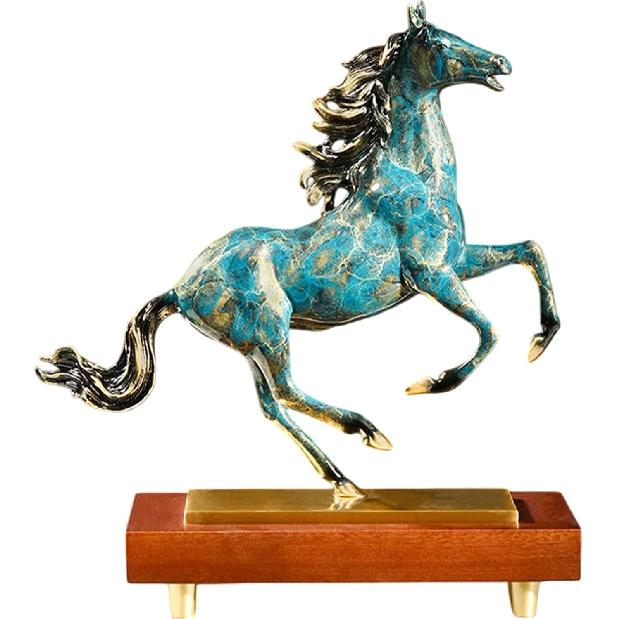 Aris & Juno Hand-Painted Copper Galloping Horse Sculpture with Wood Base, Traditional Chinese Immediate Success Blessing Statue, Feng Shui Office Small