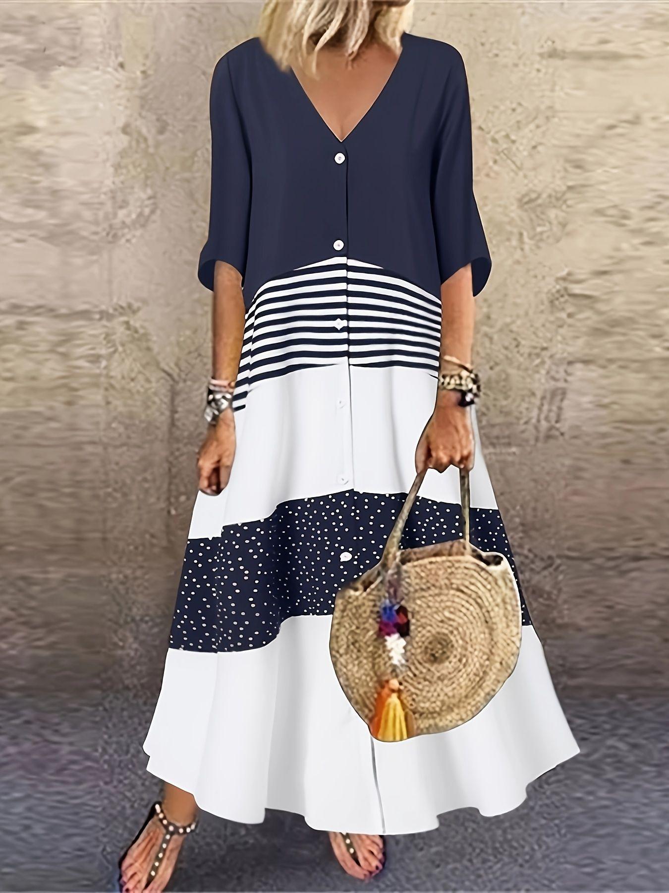 

2025 Summer V-Neck Short Sleeve Print Long Button Casual Dress - European & American Style Extra Large