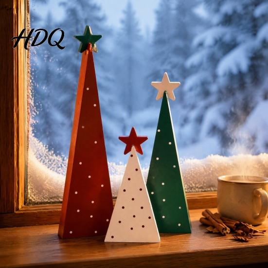 Small Christmas Tree Decor 3Pcs Wooden Ornament Polka Dot Cone with Gift Table Decorations Star Topper Rustic Farmhouse Holiday Centerpiece