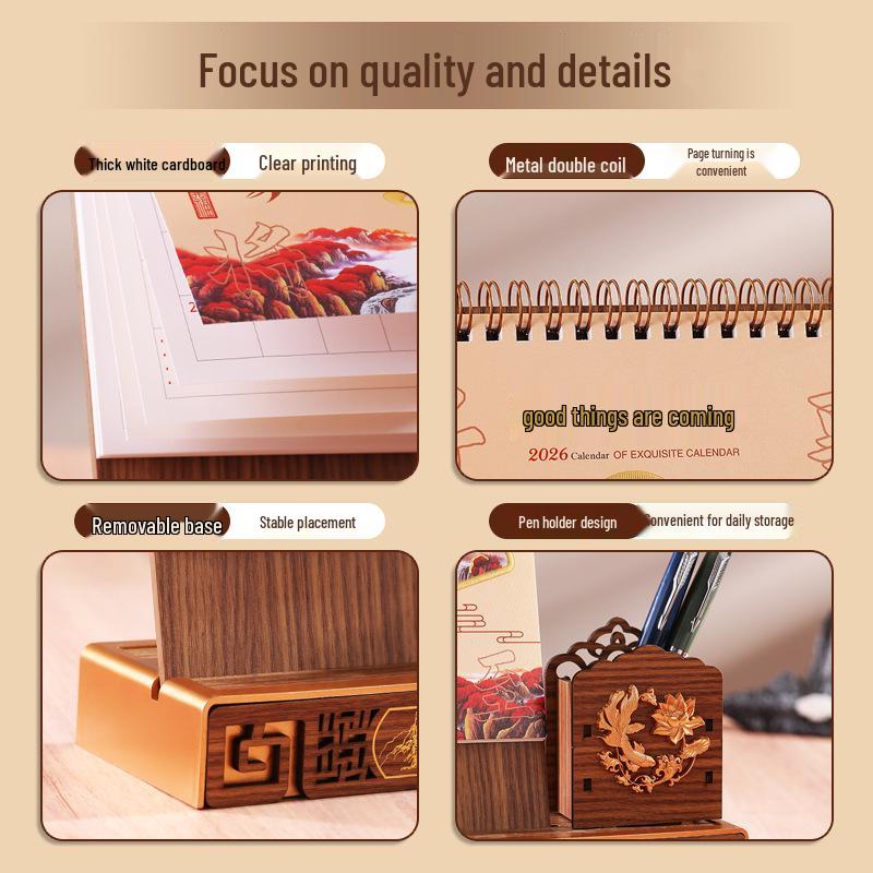 2026 Chinese Classical Style Desk Calendar: Wooden Stand, Business Gifts, Thank You Promotion, Customizable Logo Printing