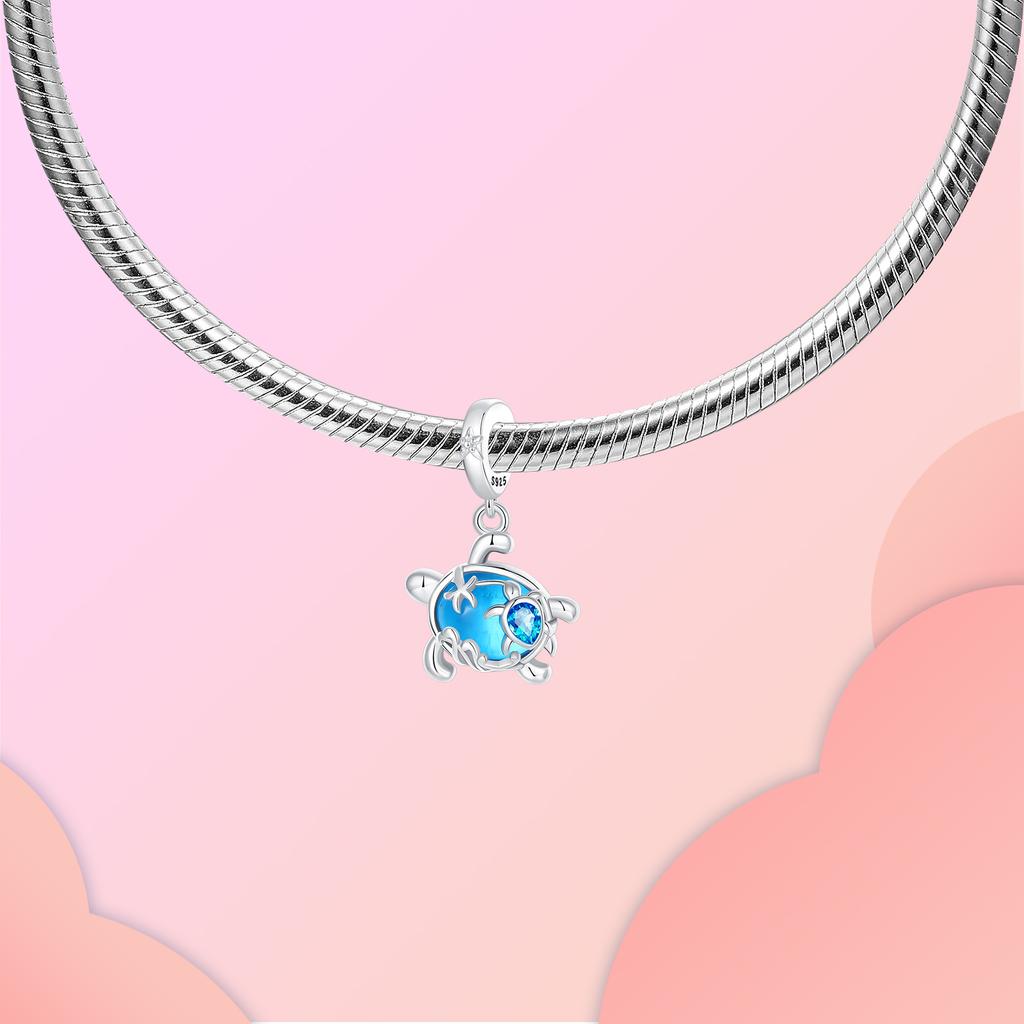 Blue Zircon Inlay Sea Turtle Starfish Charms Bead Original 925 Sterling Silver Pendants Fit Bracelet Jewelry Gift Marking
