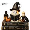 Cute Ghost Figurine Halloween Reading Figurine, Wooden Desktop Ornaments, Vintage Style Window Ornaments Statue with Stand for Home Tabletop Fireplace
