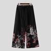 INCERUN Men Elastic Waist Floral Print Bandage Casual  Long Wide Legs Pants