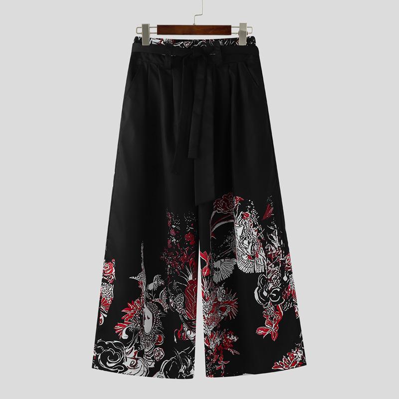 INCERUN Men Elastic Waist Floral Print Bandage Casual  Long Wide Legs Pants
