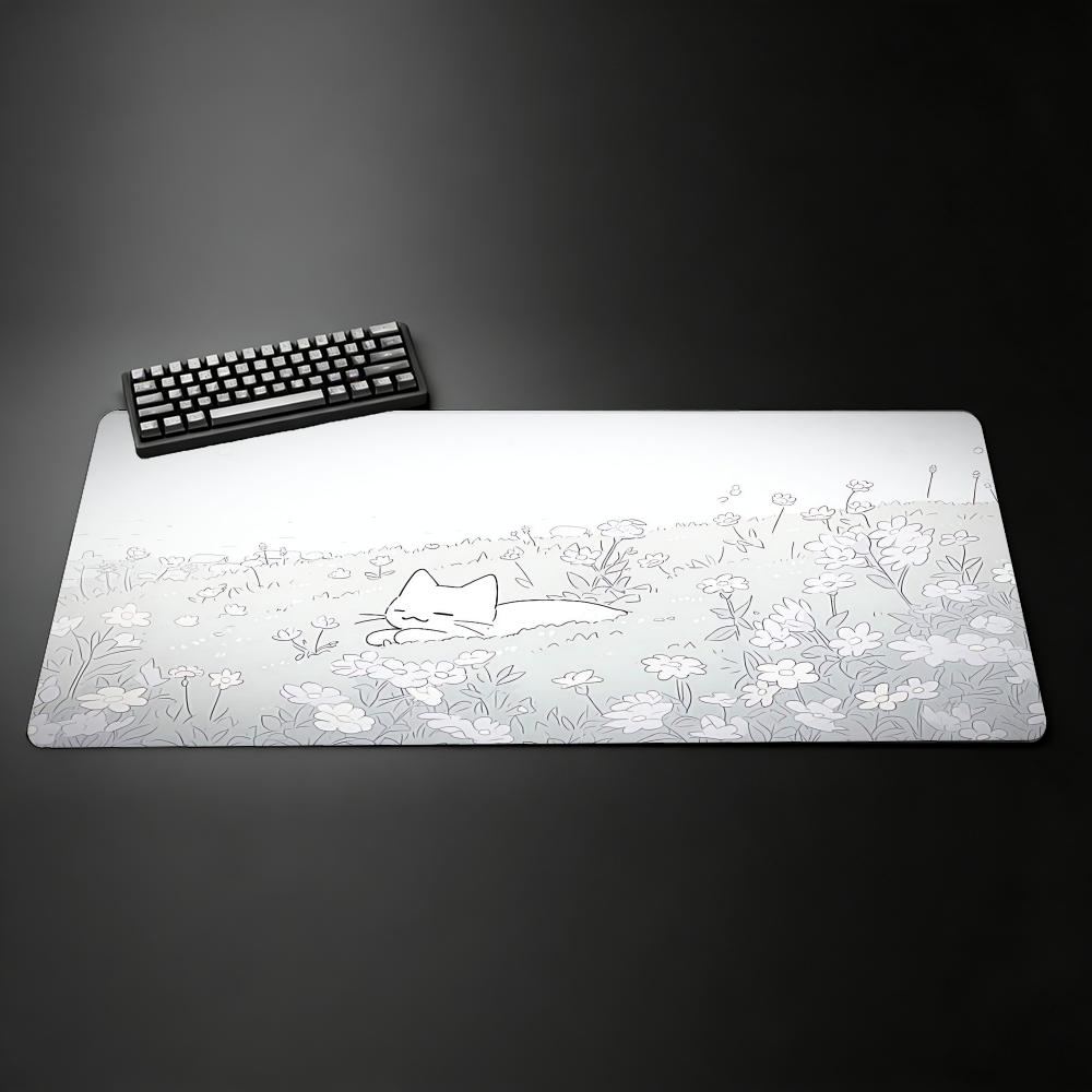 Cute Cat Flower Garden Large Gaming Desk Mat Non Slip Stitched Edge Smooth Mouse Pad For PC Gamer Laptop Office Desktop Decor