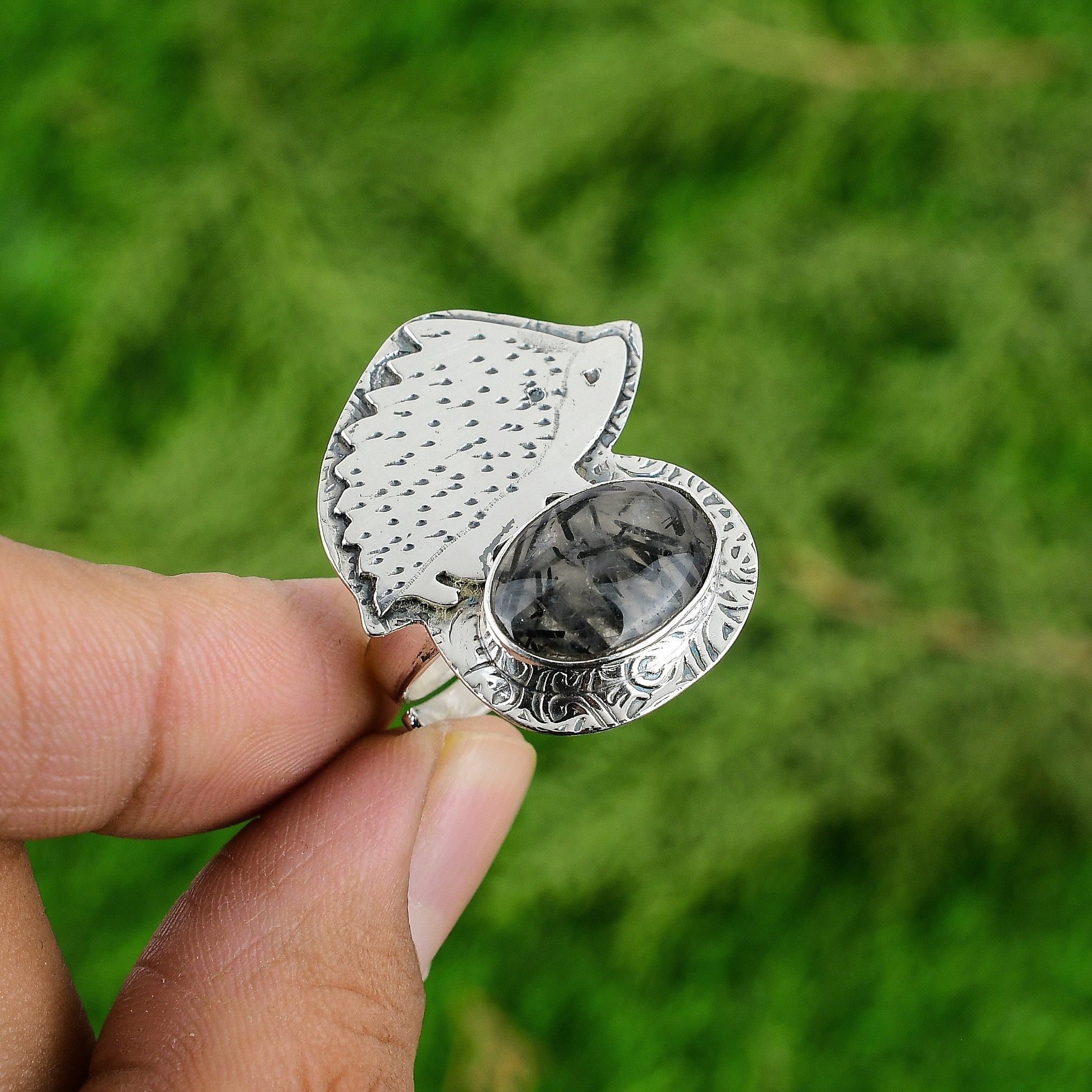 

Black Rutilated Quartz Gemstone 925 Sterling Silver Wife Statement Ring Jewelry Adjustable