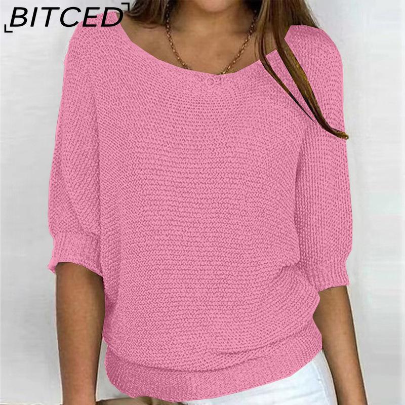 BITCED Βαμβακερό Πλεκτό Τοπ Μονόχρωμο με Στρογγυλή Λαιμόκοψη για Γυναίκες Κομψή Μπλούζα με 3/4 Μανίκια για το Γραφείο και Χώρους με Κλιματισμό