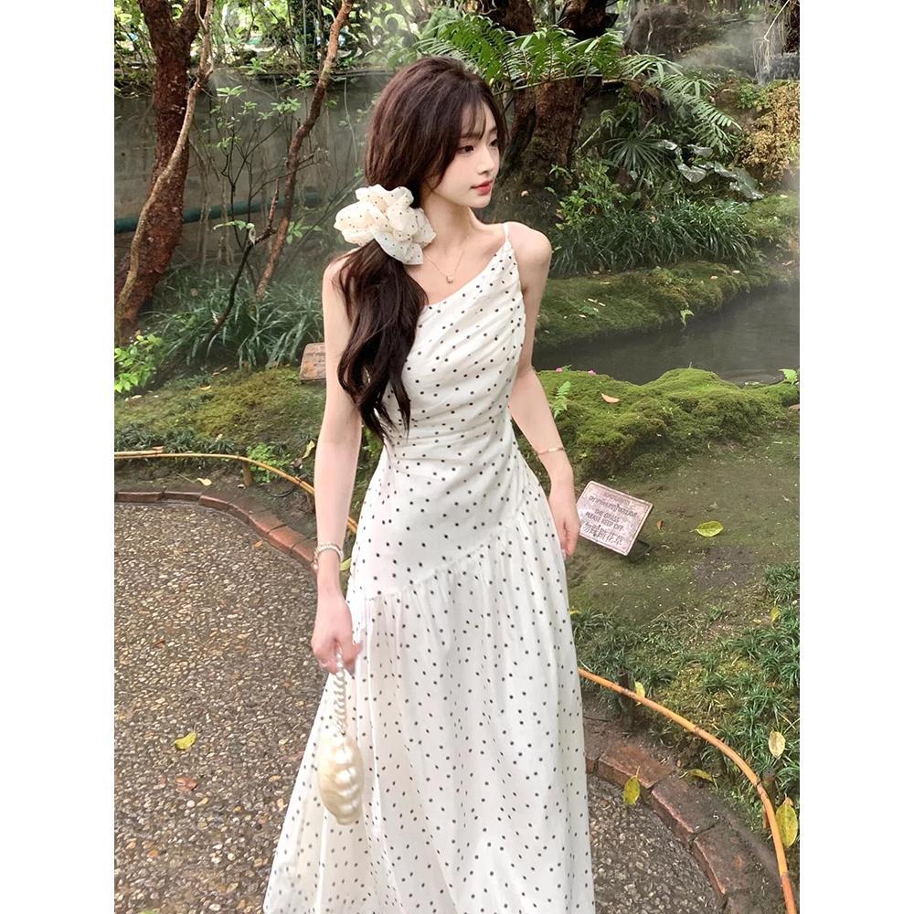 Gentle wind sweet irregular dress women's summer design pleated waist a word suspender dress