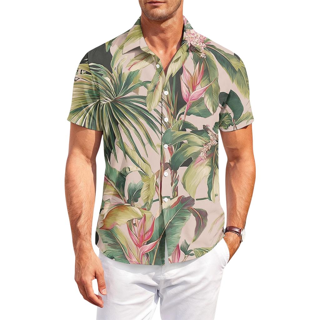 Casual losvallend herenshirt met korte mouwen, tropische bloemenprint, knoopsluiting, voor zomer, strand, buiten