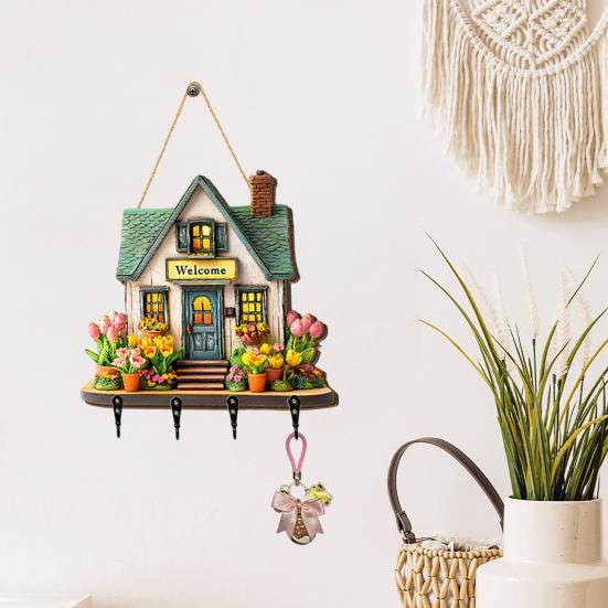 Hängendes Schild 'Feenhaus' aus Holz, Schlüsselhalter im Landhausstil Wanddeko mit 4 Haken, Vintage Blumen-Hängegestell für Eingangsbereich Flur Küche