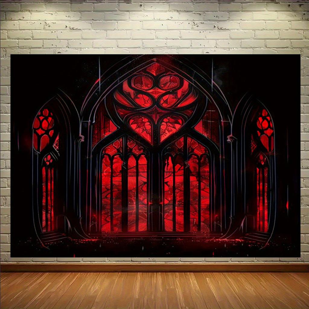 Flat 2D, 1 piece black and red retro gothic banner background fabric with stained glass window design - Halloween Party Decoration