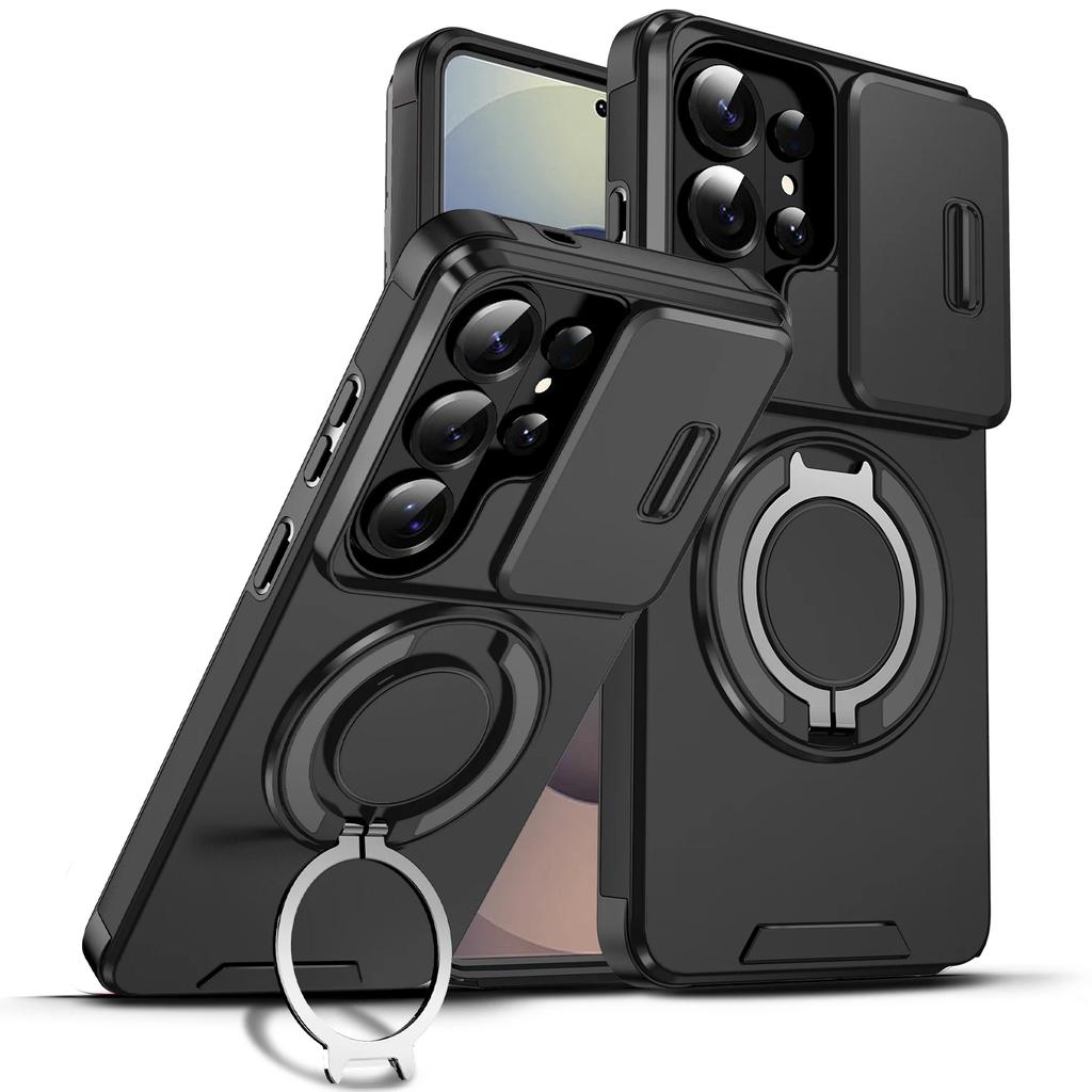 Magnetic Metal Ring Stand Armor Case For Samsung Galaxy S26 Ultra S26+ Edge Slide Camera Protection TPU Frame Plastic Back Cover