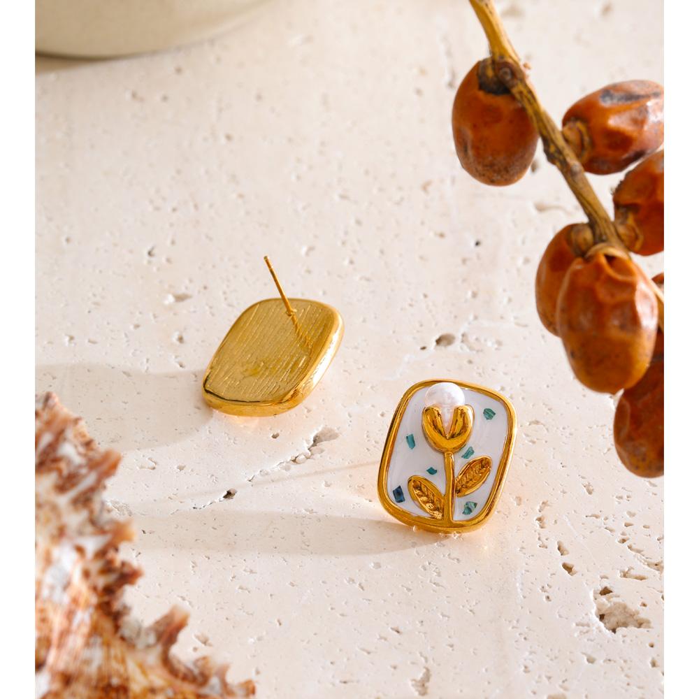 Yhpup French Style Stainless Steel Enamel Pearl Square Flower Stud Earrings PVD Plated Trendy Gold Color Attractive Jewelry