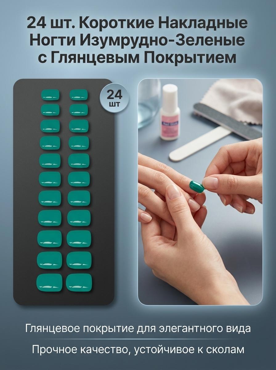24Pcs Short Fake Nails In Solid Green With Glossy Finish For Daily Use Emerald Green зелёный