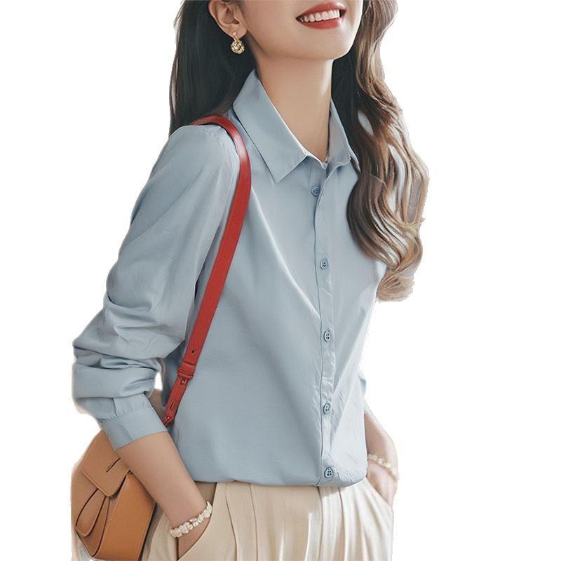 Womens Long Sleeve Cotton Shirt White Blue Pink Yellow Beige Camel Slim Fit Office Work Blouse Professional