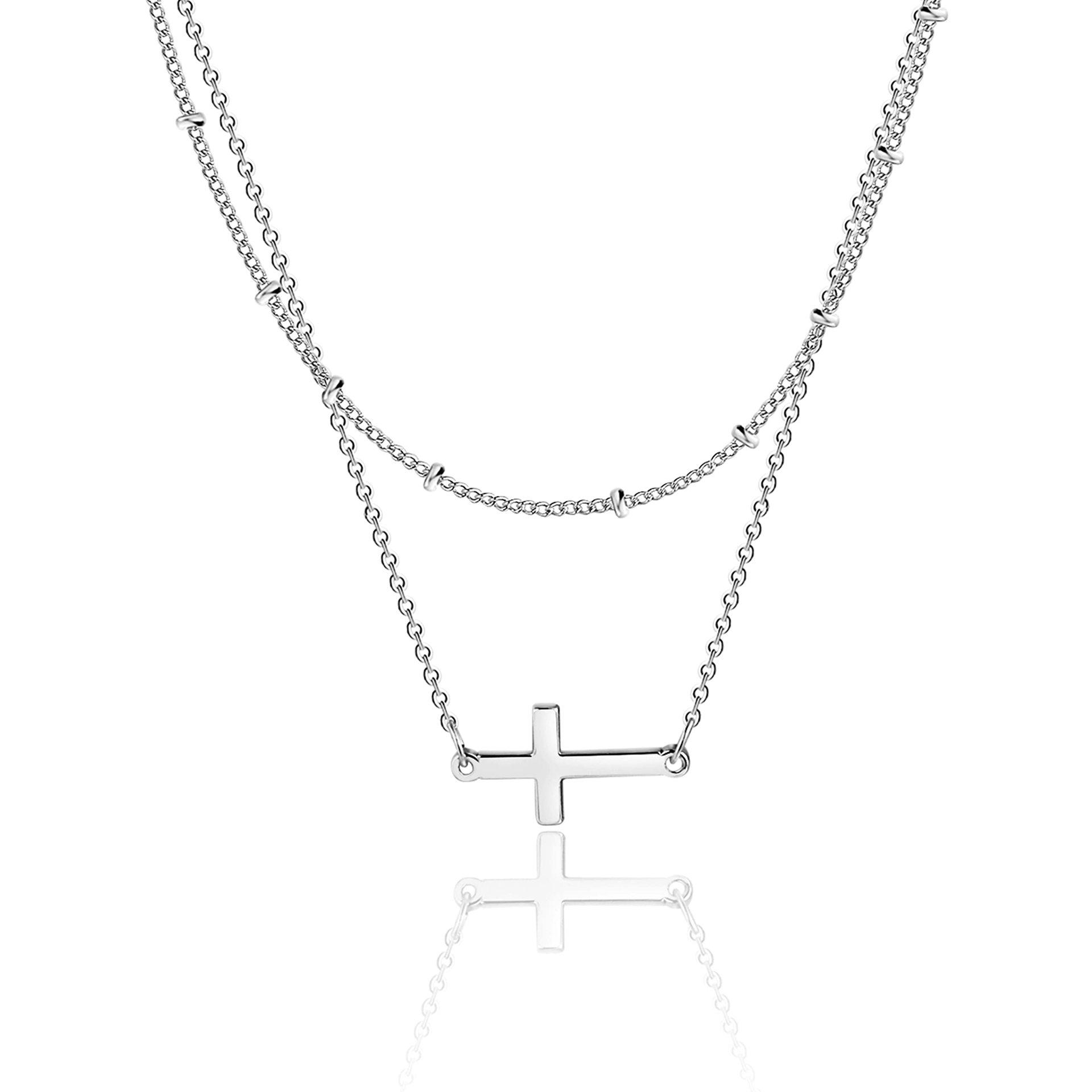 Stainless Steel Gold-Plated Multi-Layer Cross Necklace with Beaded Chain серебряный