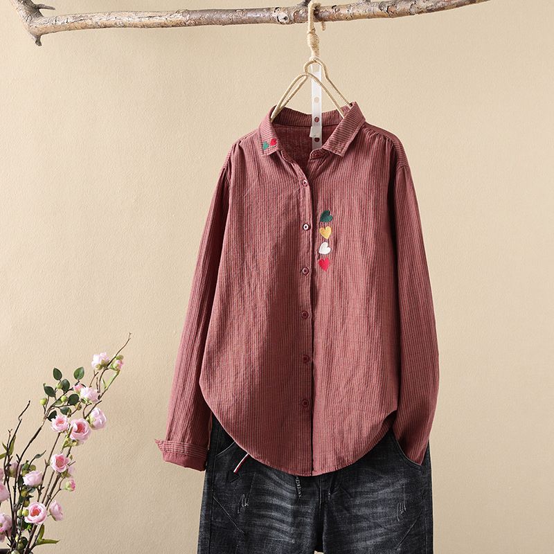 Striped Shirts and Blouses for Women Tops Heart Shape Embroider Stripes Long Sleeve Shirt Basic Shirts