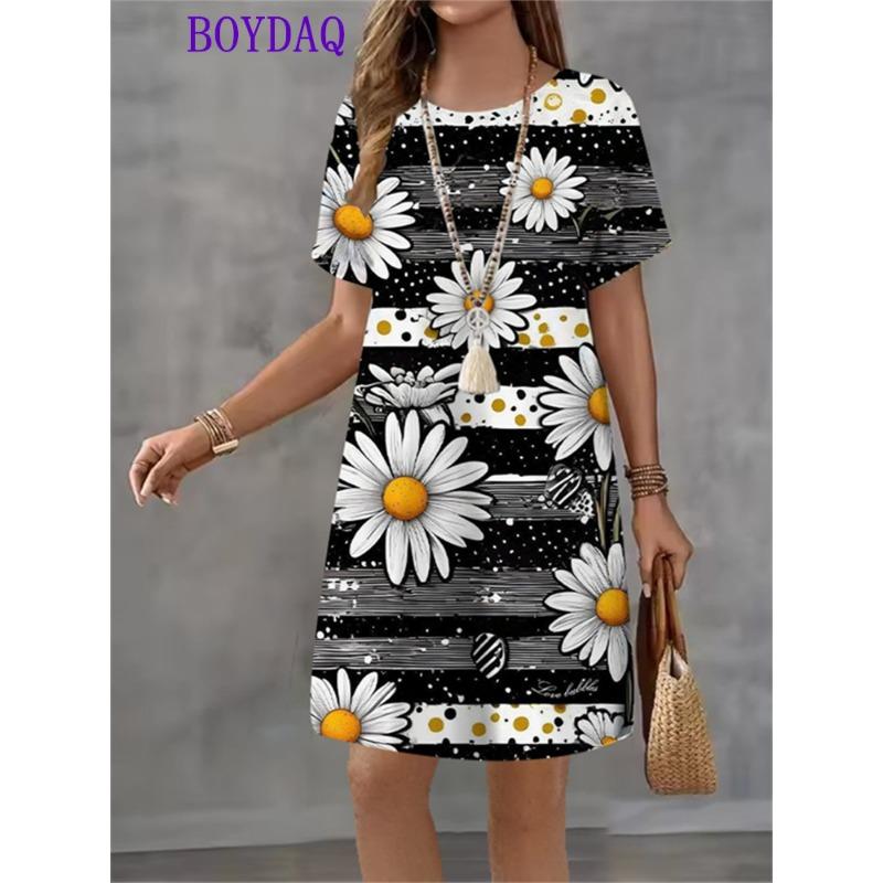 Women Dress Vintage Print Short Sleeve O-Neck Dresses 2025 Summer Autumn Fashion Casual Harajuku Dress Female Party Clothing