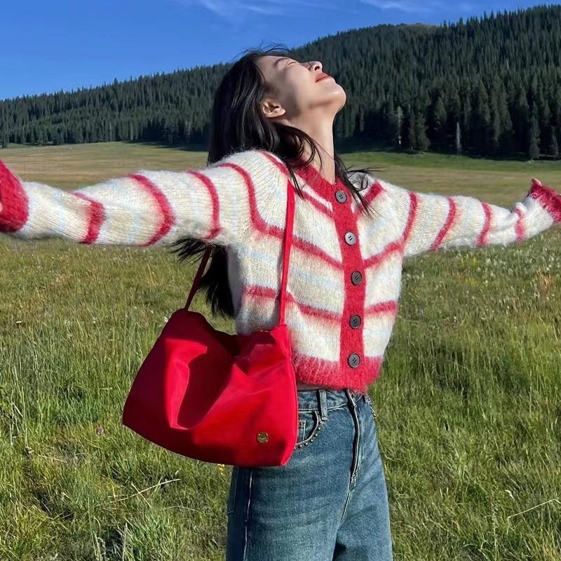 Autumn and Winter New Loose Soft Waxy Striped Contrasting Color Long-sleeved Sweater Women's Short Lazy Wind Knitted Cardigan