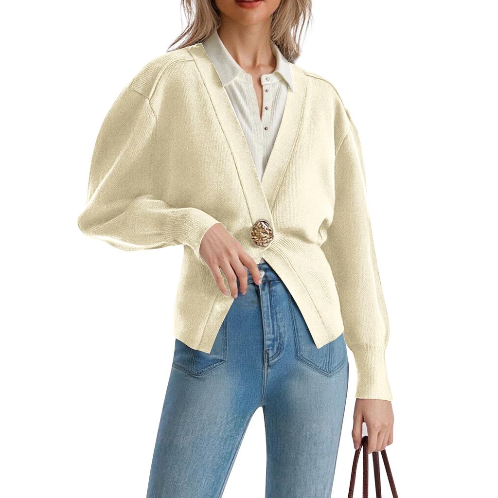 Women's Fashion Solid Color V-Neck Button-Up Knitted Cardigan Sweater