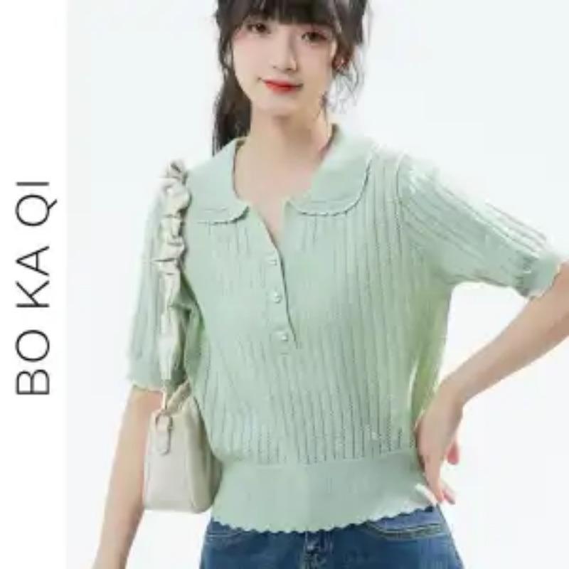 

Women s Peter Pan Collar Knit Top Hollow Out Short Sleeve Sweater M зелёный