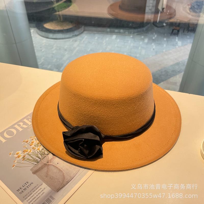 Rose flower strap flat top woolen top hat female autumn and winter warm sweet cute fashion versatile performance flat top hat