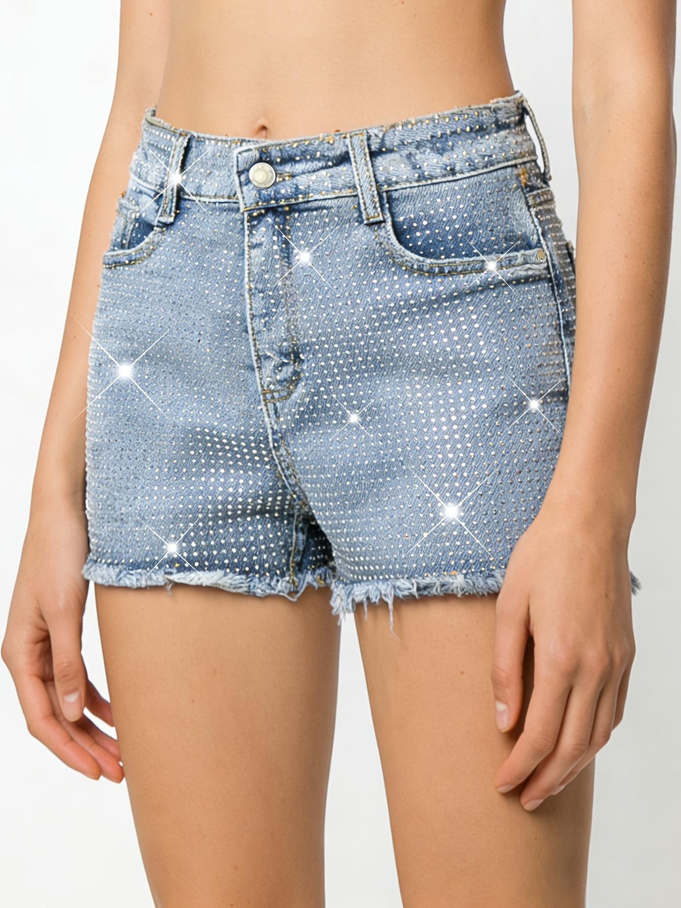 2026 Women s Spring/Summer Stretchy Blue Denim Shorts with Frayed Hem and Hotfix Rhinestones - Stylish and Elegant. S