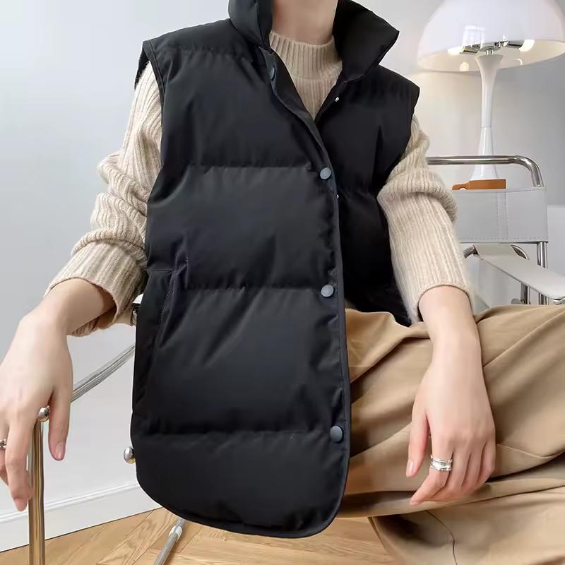 Women Vest Coat Stand Collar Winter Women Warm Coat Oversize Tops Beige Vest
