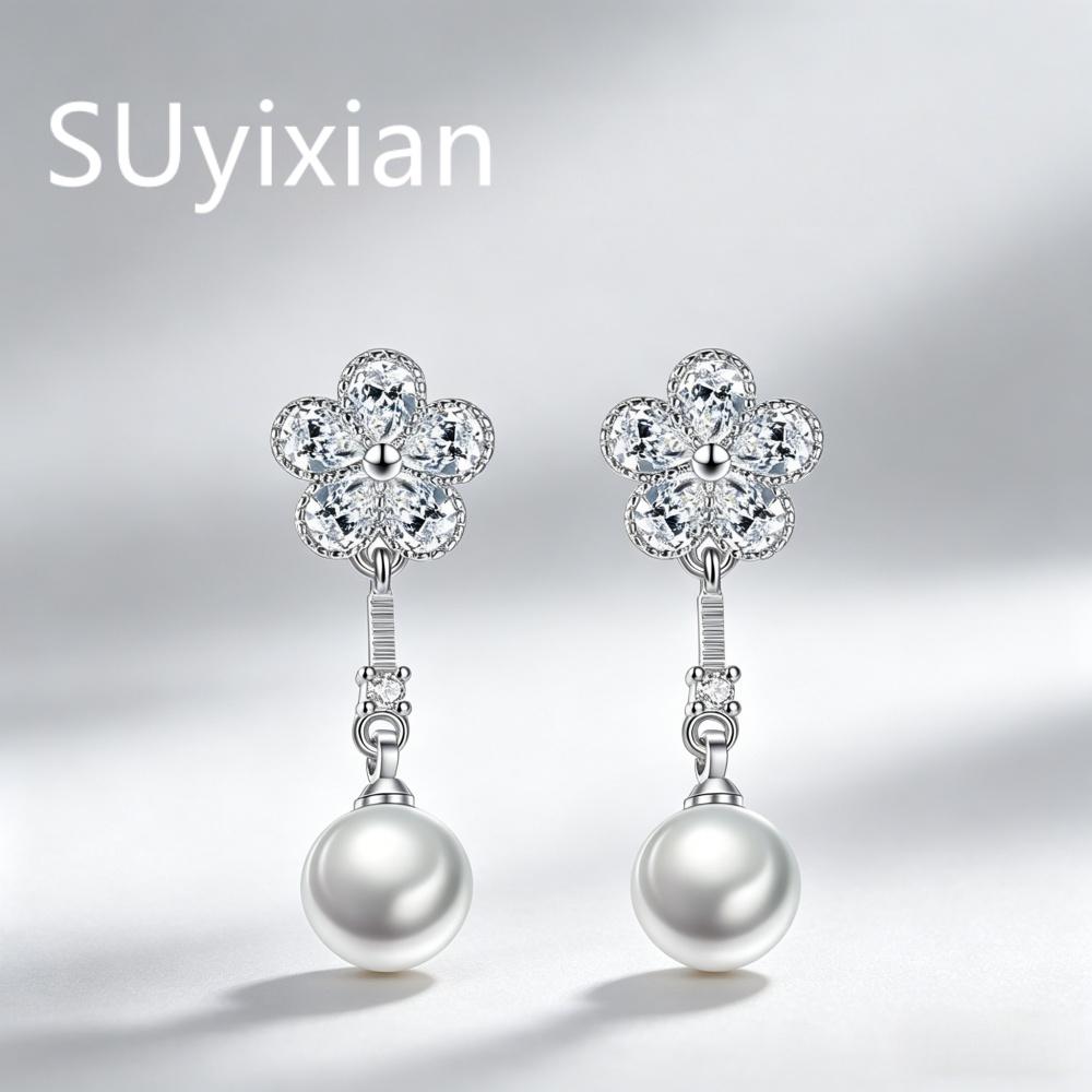 925 Sterling Silver Stylish Simple Flower Zircon Pearl Earrings Birthday Party Anniversary Gift