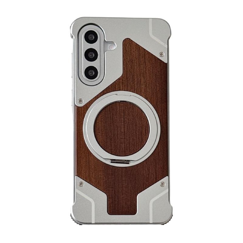 Walnut Wood Metal Borderless Armor Phone Case For Samsung Galaxy A57/A56 360 Rotating Magnetic Bracket Shockproof Cover