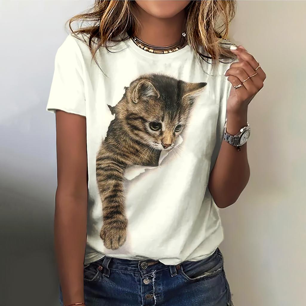 Summer Round Neck 3D Cat Pattern Animal Print Top Fashionable Casual Cute Short Sleeved Women's T-shirts