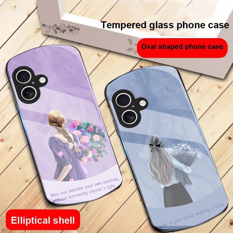 The Girl Holding Flowers For iPhone 17 16 15 14 13 Plus 12 Mini 11 Pro Max XR Xs Max X 7 8 6S 22 20 Elliptical Glass Phone Case