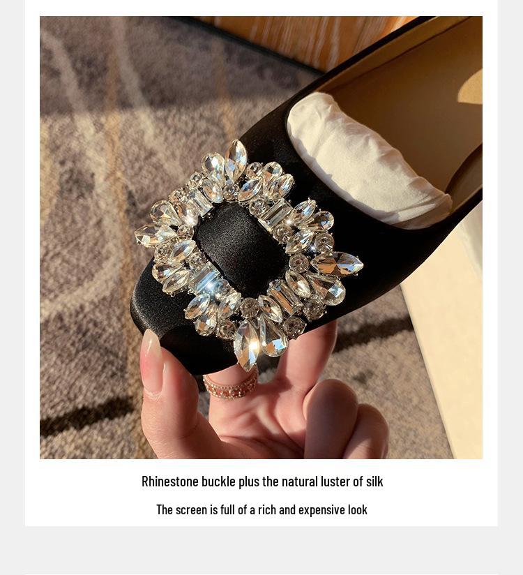 Elegant Spring & Autumn Rhinestone Buckle Square Toe Satin Flats for Women