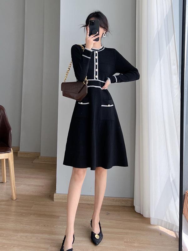 French Style Slim Fit Waist-Cinching Knitted Dress for Women, Autumn/Winter, Long-Sleeved, Korean Elegance
