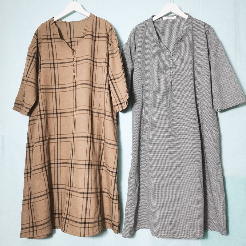 Export Daily Order Tail Goods V Neck Half Sleeve Half Open Gingham Mid Length Long Length Dress Plus Size Loose Casual Summer