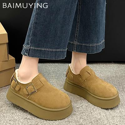 Suede Platform Women Snow Boots Short Plush Flats Cotton Shoes 2025 Trend Designer Casual Buckle Warm Winter New Botas De Mujer