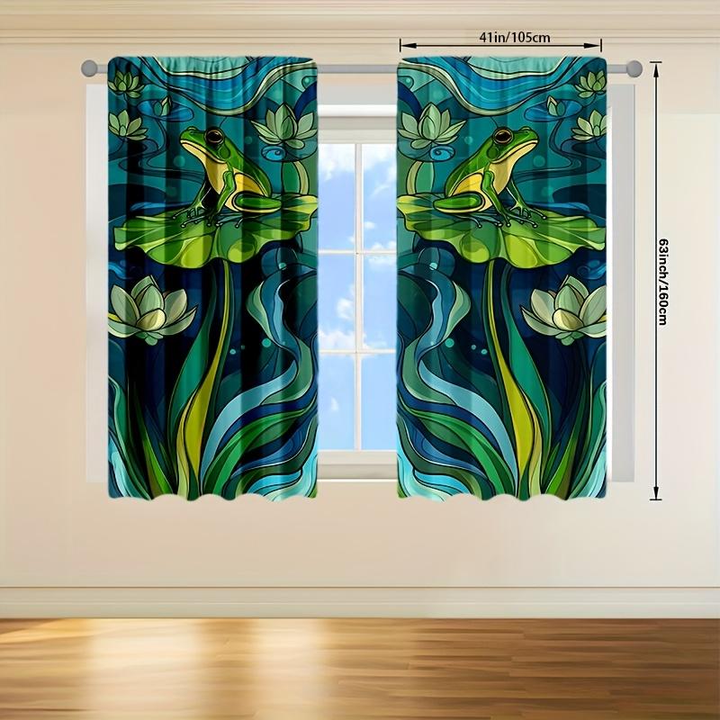 Curtains Are Hand Painted Depicting Frog Sitting Lotus Leaf Tranquil Lake Background Shades Set Of 2 Made Polyester