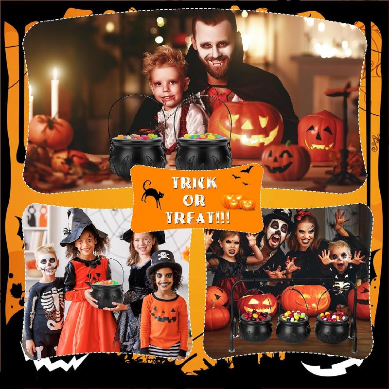 Halloween Decorations Indoor, Halloween Witches Cauldron Candy Serving Bowls On Rack, Black Plastic Cauldron with Skeletons