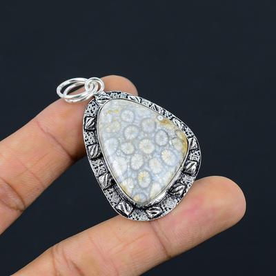 Natural Fossil Coral Gemstone Pendant 925 Sterling Silver Jewelry For Women