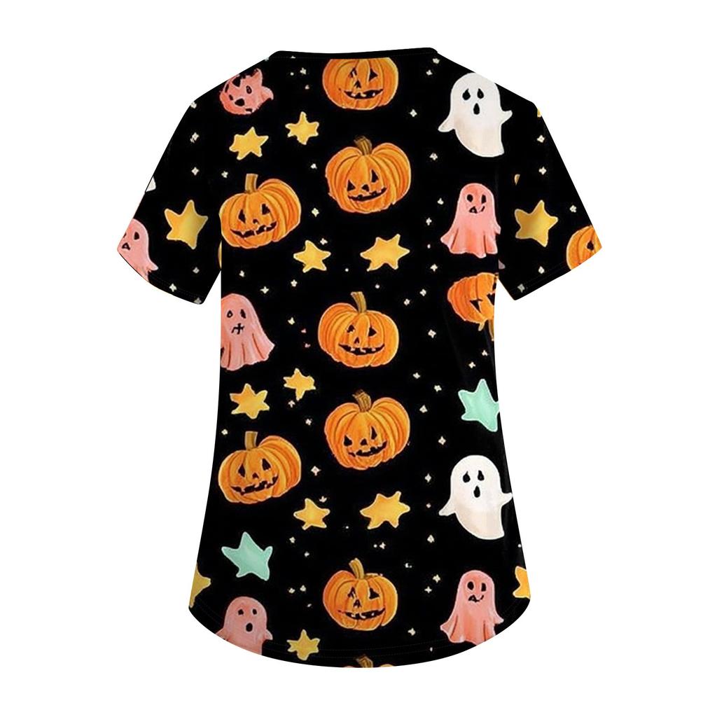 Women's Fashion Short Sleeve Halloween Printed V-Neck Pocket Workwear Tops