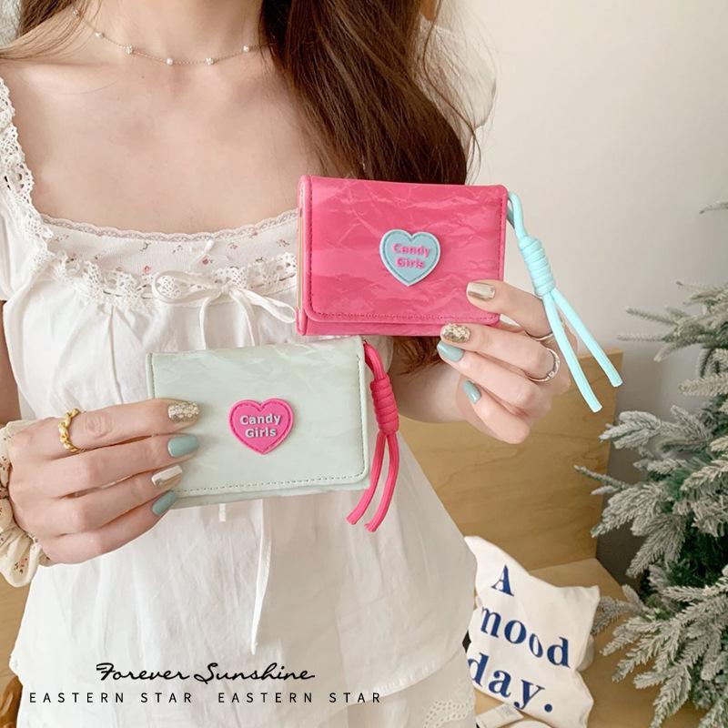 Korean Style Heart Candy Lanyard Wallet for Women - Simple Tri-fold Student Wallet