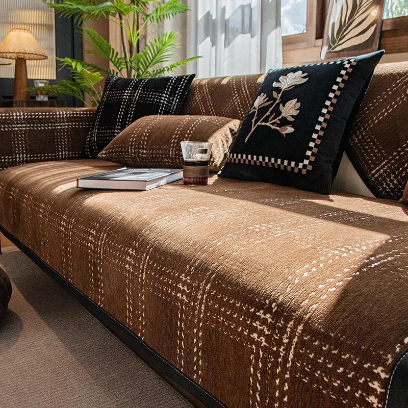 Chenille Sofa Couch Cover Solid Color Square Grid Couch Covers Washable Anti-Slip Sofa Slipcover Stain Resistant Sofa Cushion