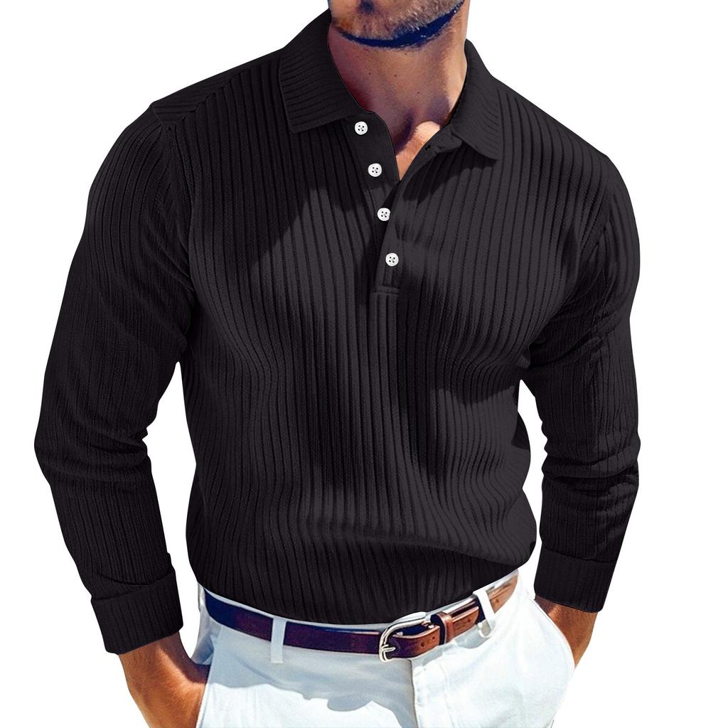 Men's Solid Color Vertical Stripes Sports Button Lapel Long Sleeve Tops Men's Casual Fashion Long Sleeve Tops