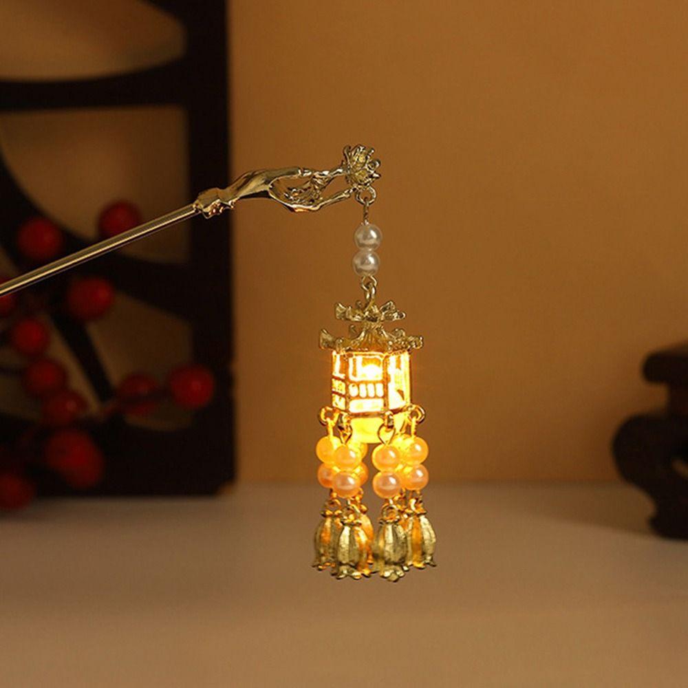Palatul chinezesc Lantern ac de păr din metal de culoare aurie bețe de păr furculițe cu bijuterii ușoare pentru femei, retro, flori de lotus, ciucuri