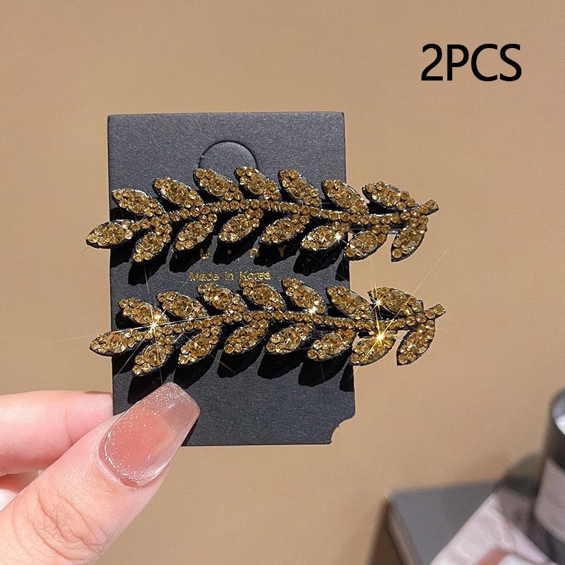 2PCS Fashion Of Sparkling Rhinestone Wheat Ear Leaf Duckbill Hair Clip,Exquisite Side Clip With a Straight Clip Hair Accessories