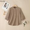 Women Casual Round Neck Solid Color 3/4 Sleeve Cotton Blouse